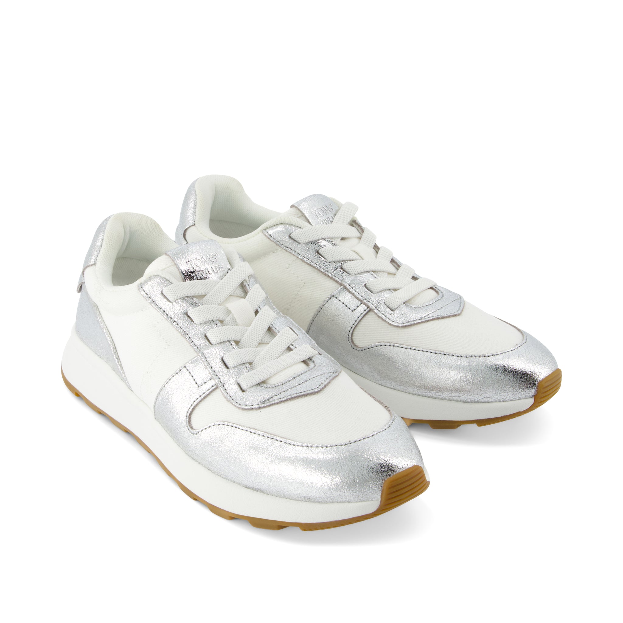 TRVL LITE Retro Runner Water Repellent Silver Crinkle Metallic Leather and Vintage Twill Sneaker - Image 4