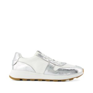 TRVL LITE Retro Runner Water Repellent Silver Crinkle Metallic Leather and Vintage Twill Sneaker