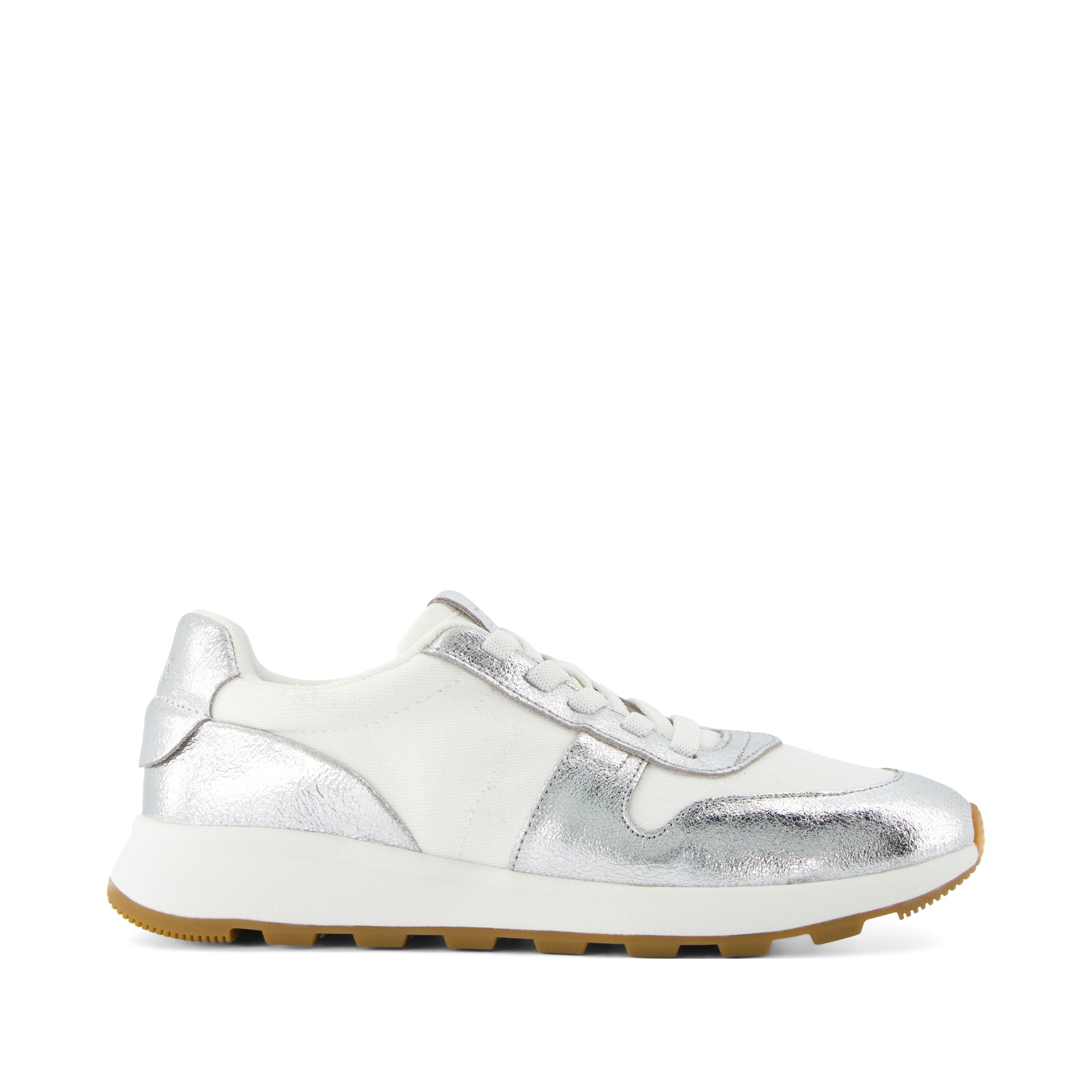 TRVL LITE Retro Runner Water Repellent Silver Crinkle Metallic Leather and Vintage Twill Sneaker