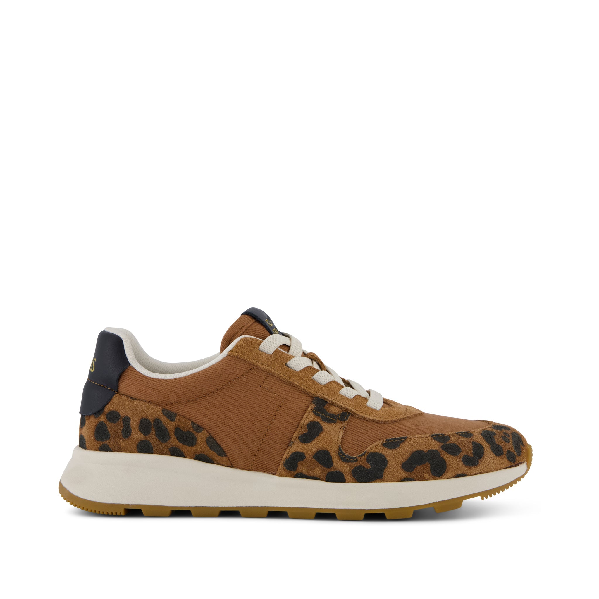 Womens TRVL LITE Retro Runner Sneaker Water Repellent Brown Sugar Leopard Print Suede