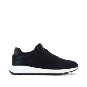 Womens TRVL LITE Cabrillo Sneaker Water Repellent Black Vintage Twill Metallic Suede
