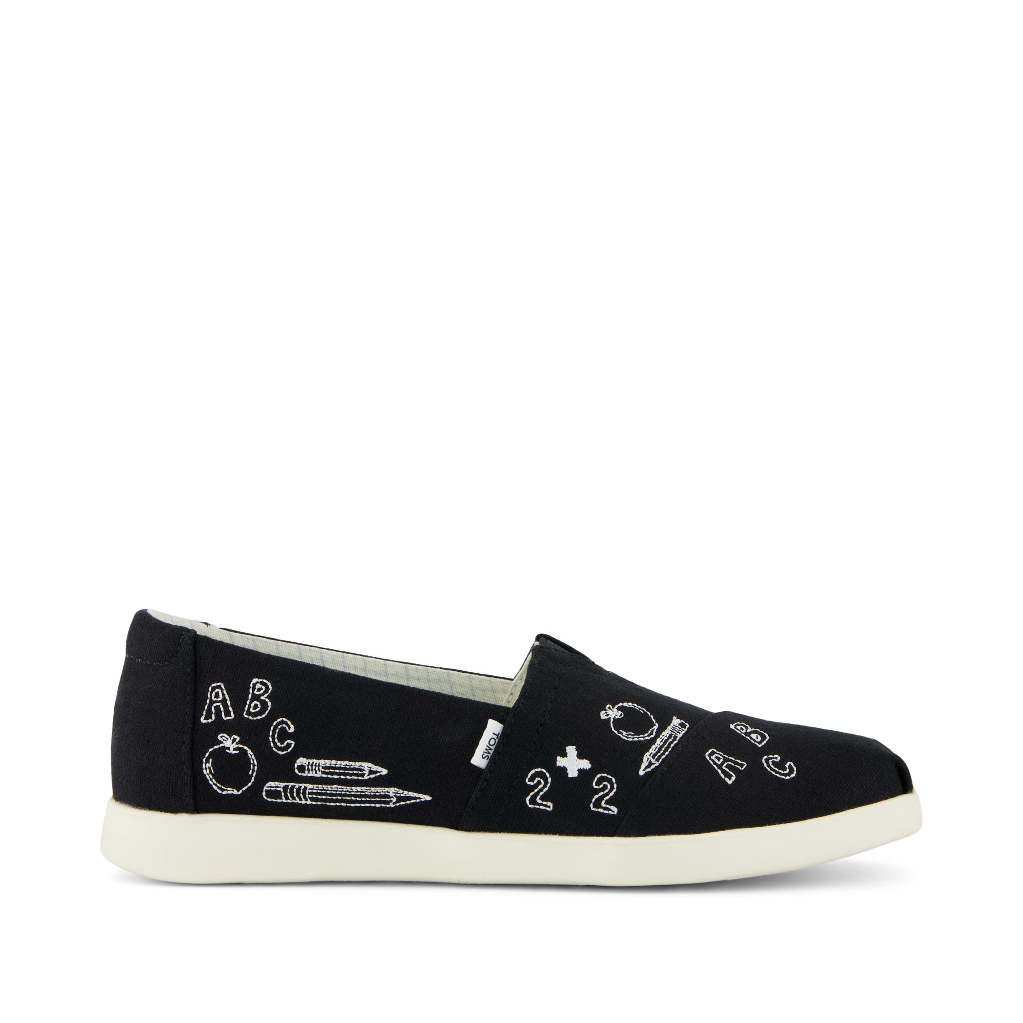 Womens Alpargata Plus Black Slub Woven with Back To School Doodle Embroidery