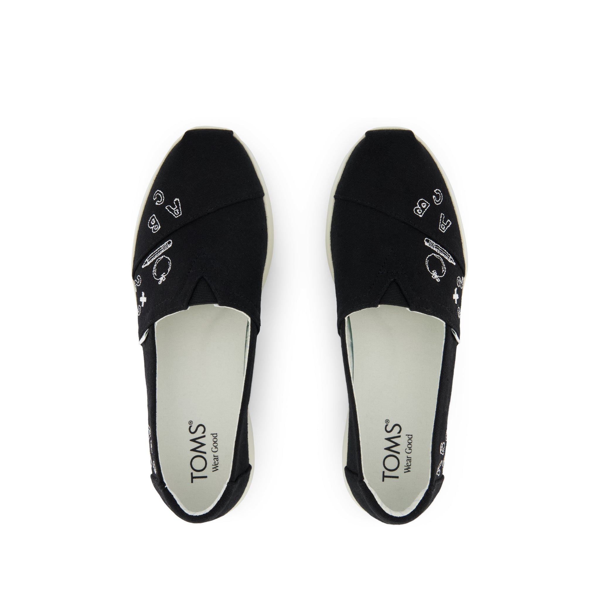 Womens Alpargata Plus Black Slub Woven with Back To School Doodle Embroidery - Image 7