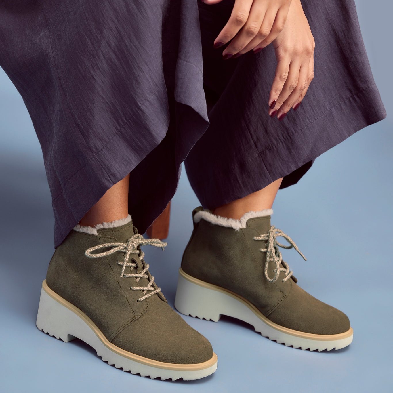 Maude Lace Up Olive Suede Faux Fur Wedge Boot - Image 2