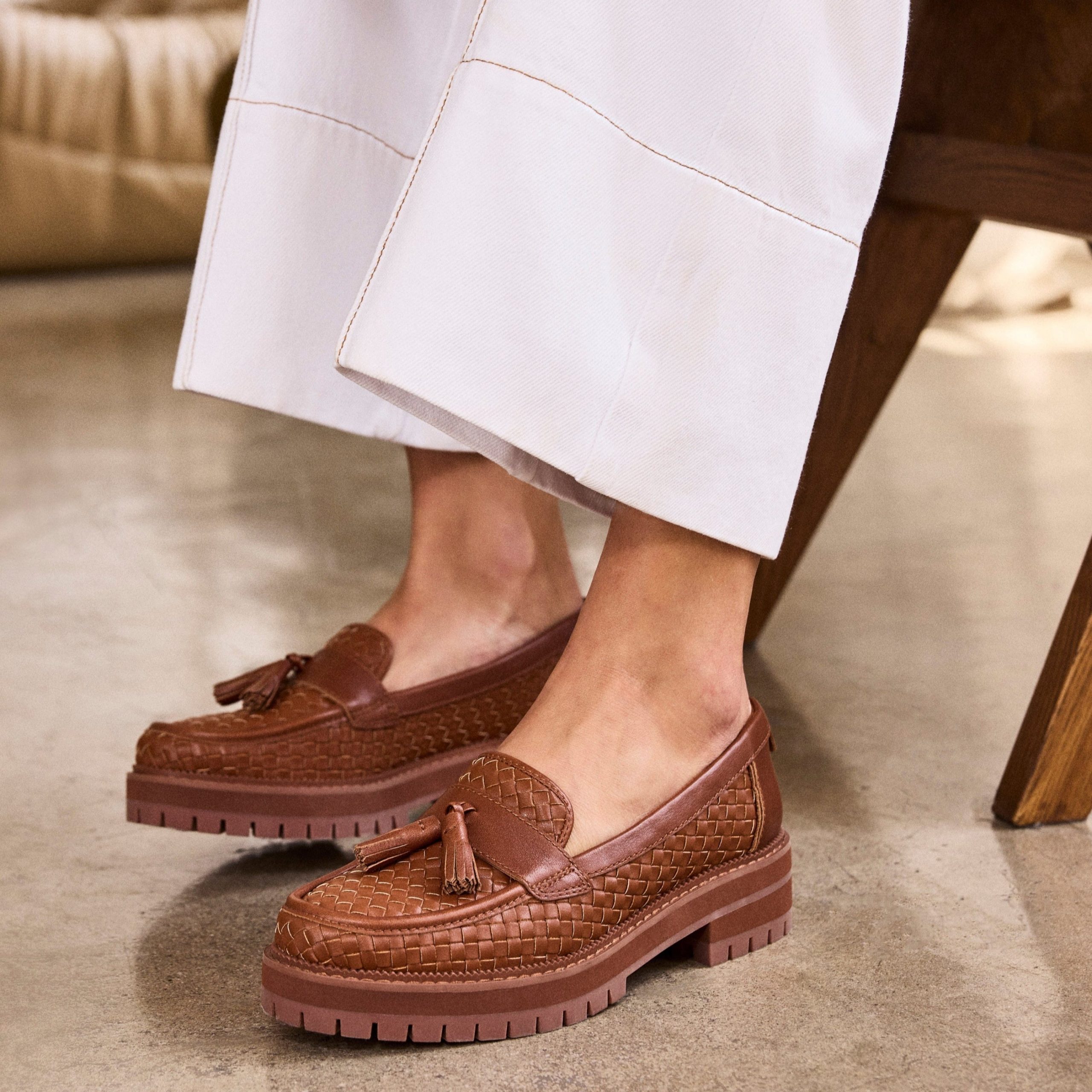 Womens Cara Loafer Amber Brown Basketweave Leather - Image 2