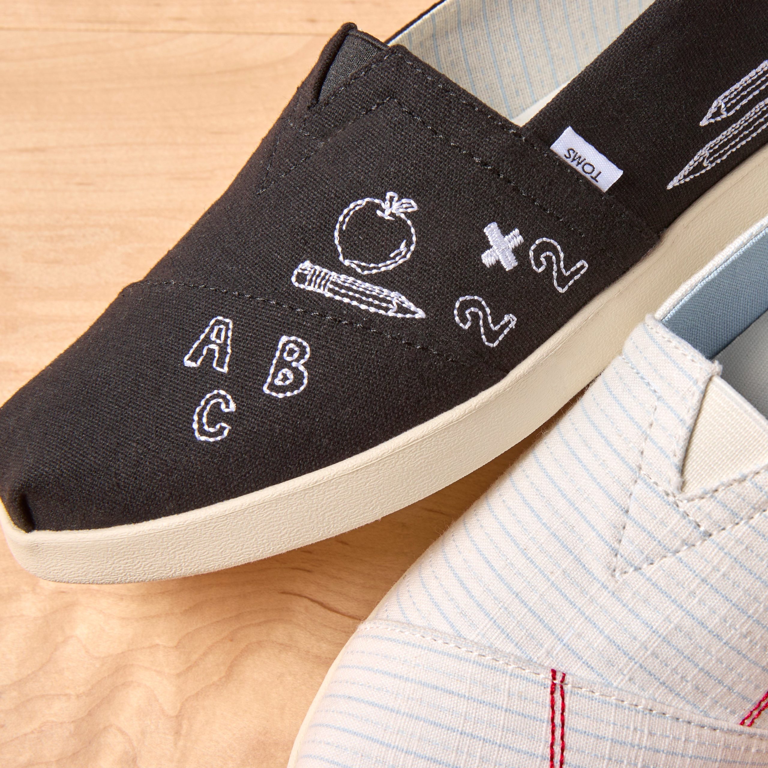Womens Alpargata Plus Black Slub Woven with Back To School Doodle Embroidery - Image 3