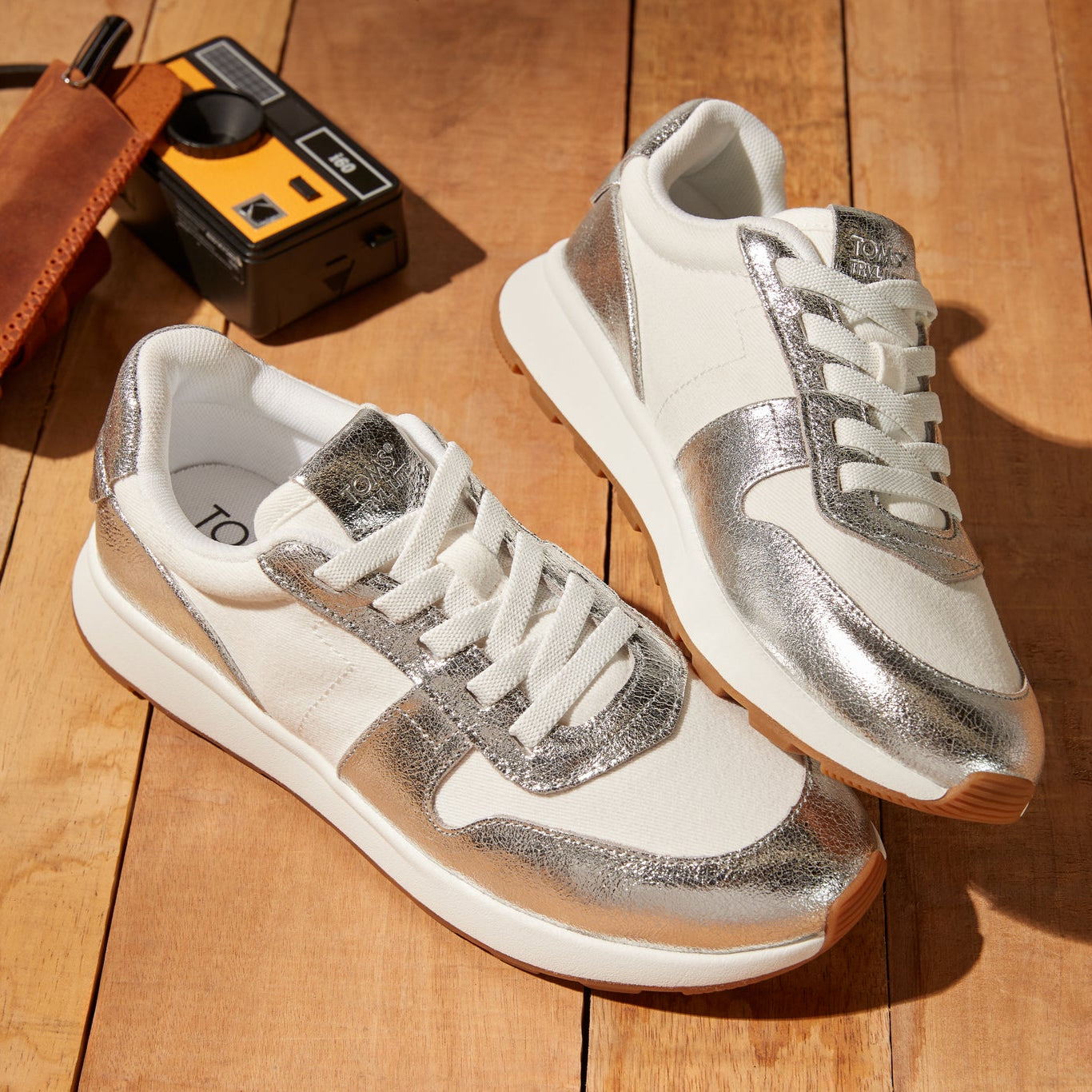 TRVL LITE Retro Runner Water Repellent Silver Crinkle Metallic Leather and Vintage Twill Sneaker - Image 3