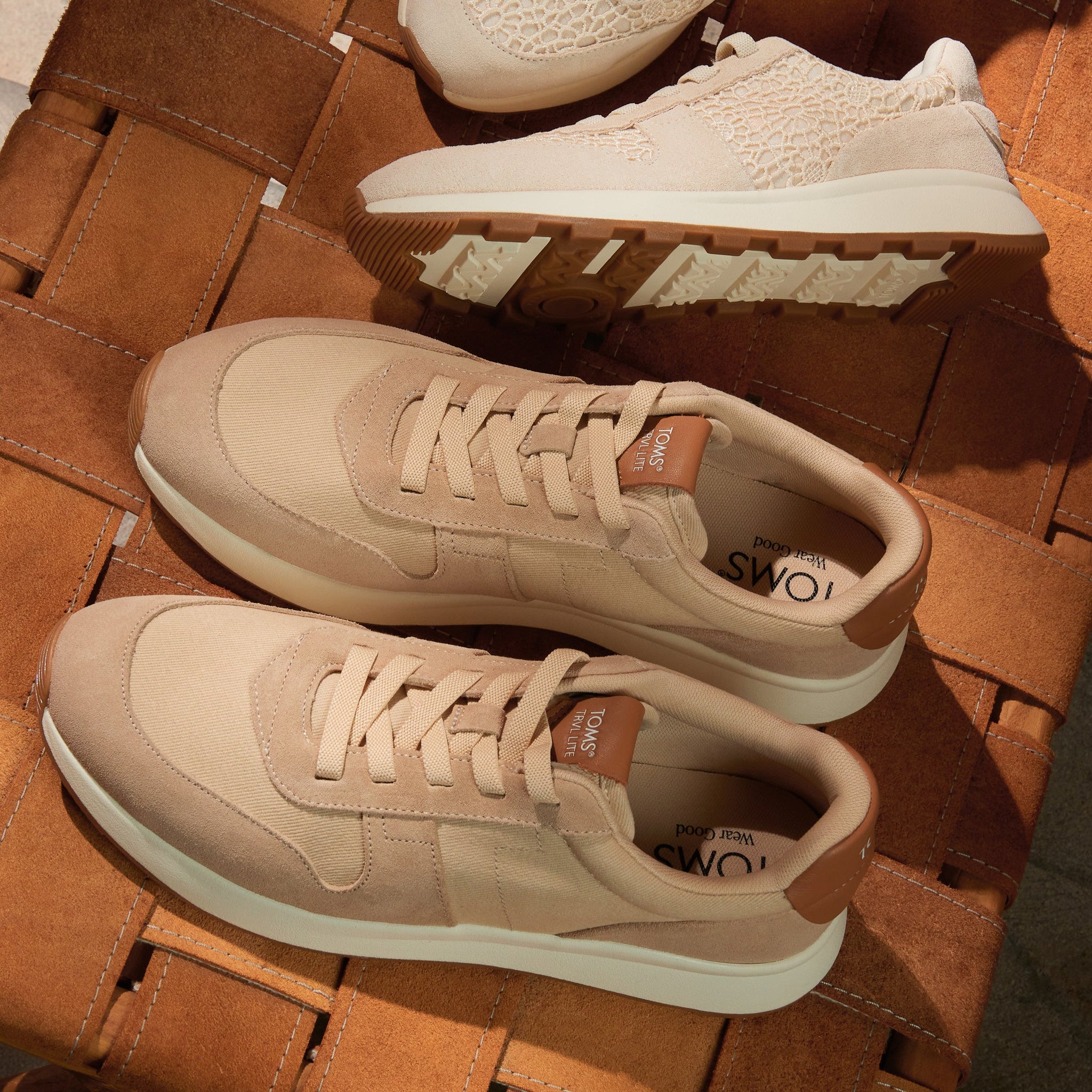 TRVL LITE Retro Runner Water Repellent Almond Twill and Leather Sneaker - Image 2