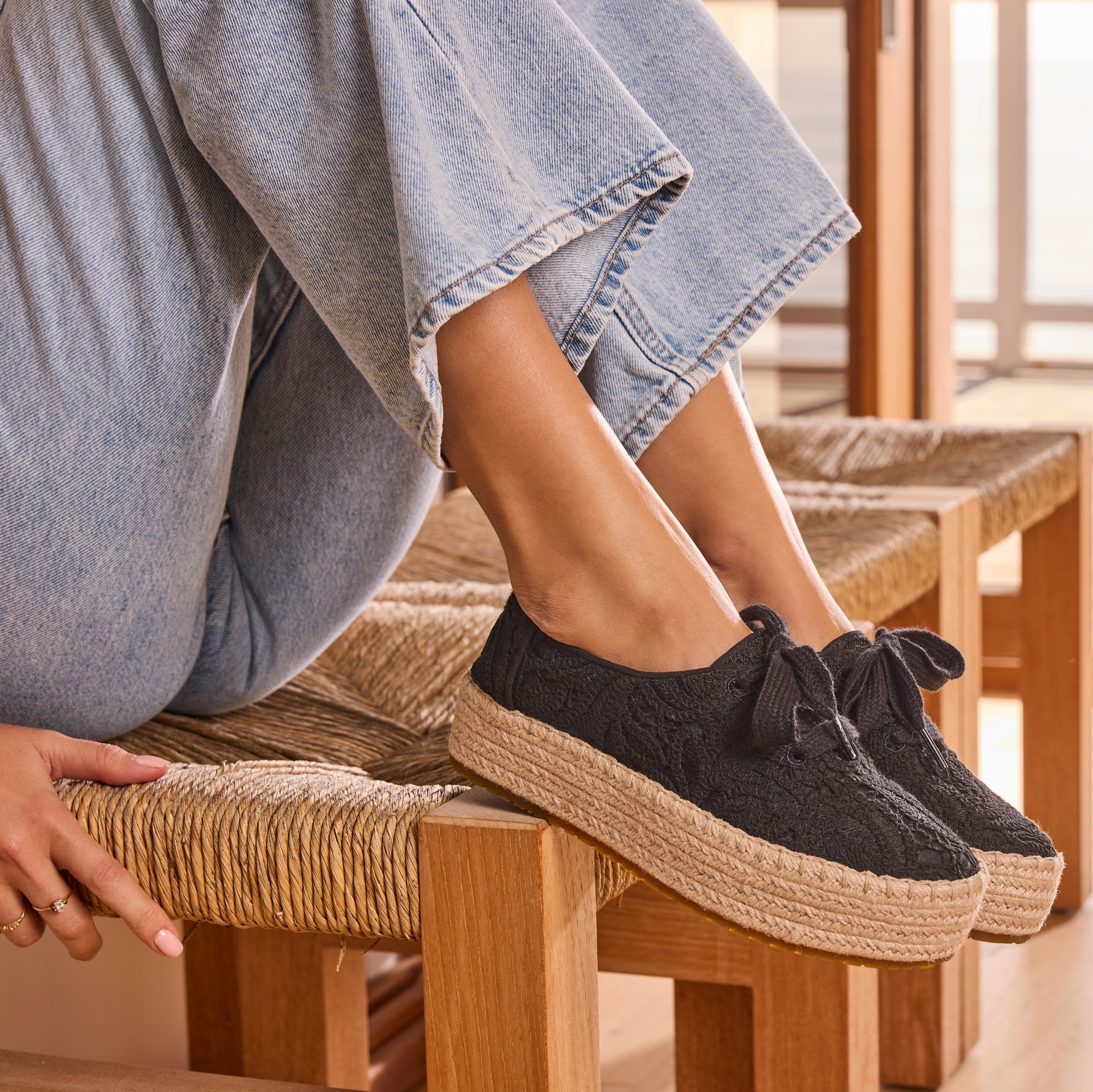 Womens Valencia Lace-Up Platform Espadrille Black Floral Crochet - Image 2