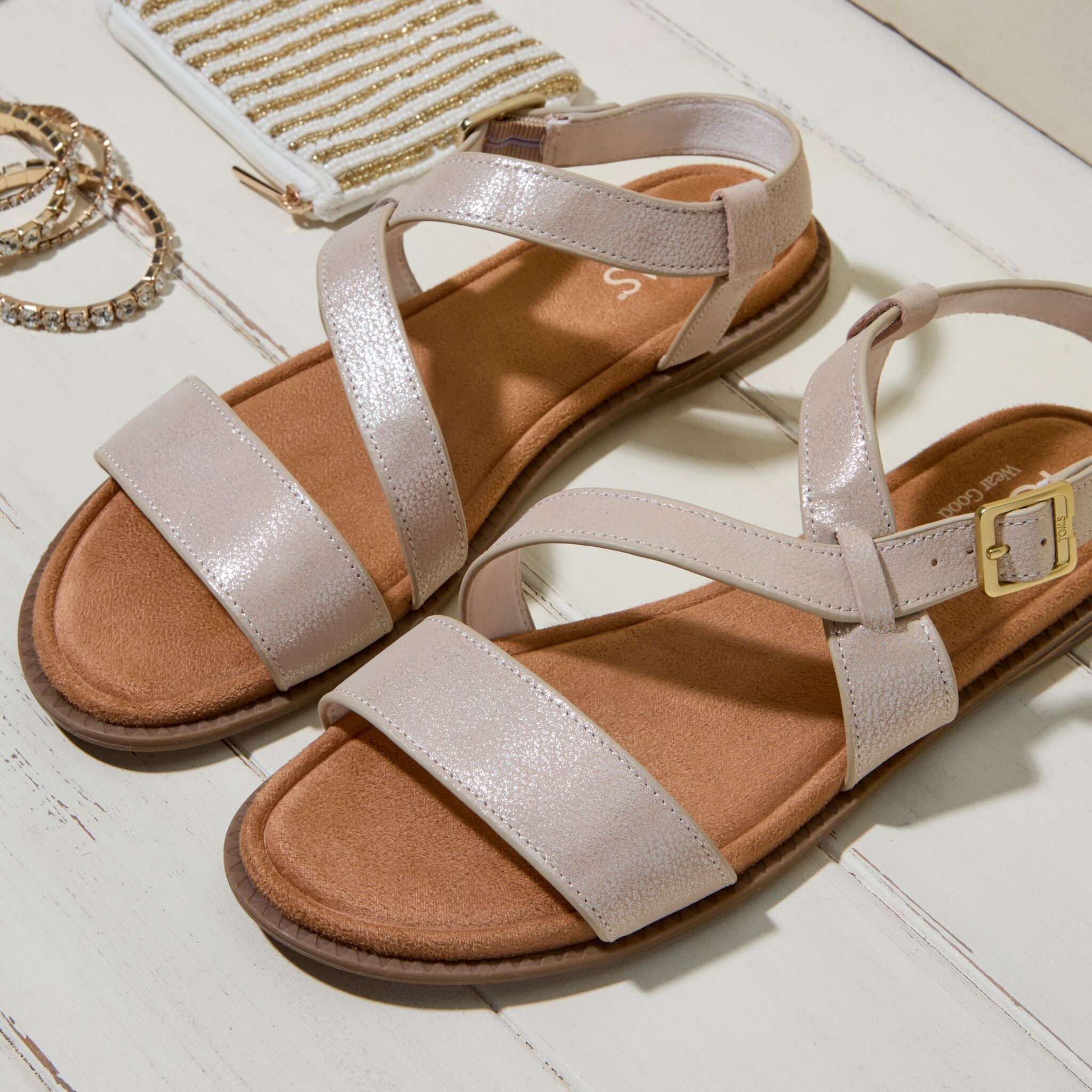 Womens Mar Strappy Sandal Champagne Shimmer Suede - Image 2