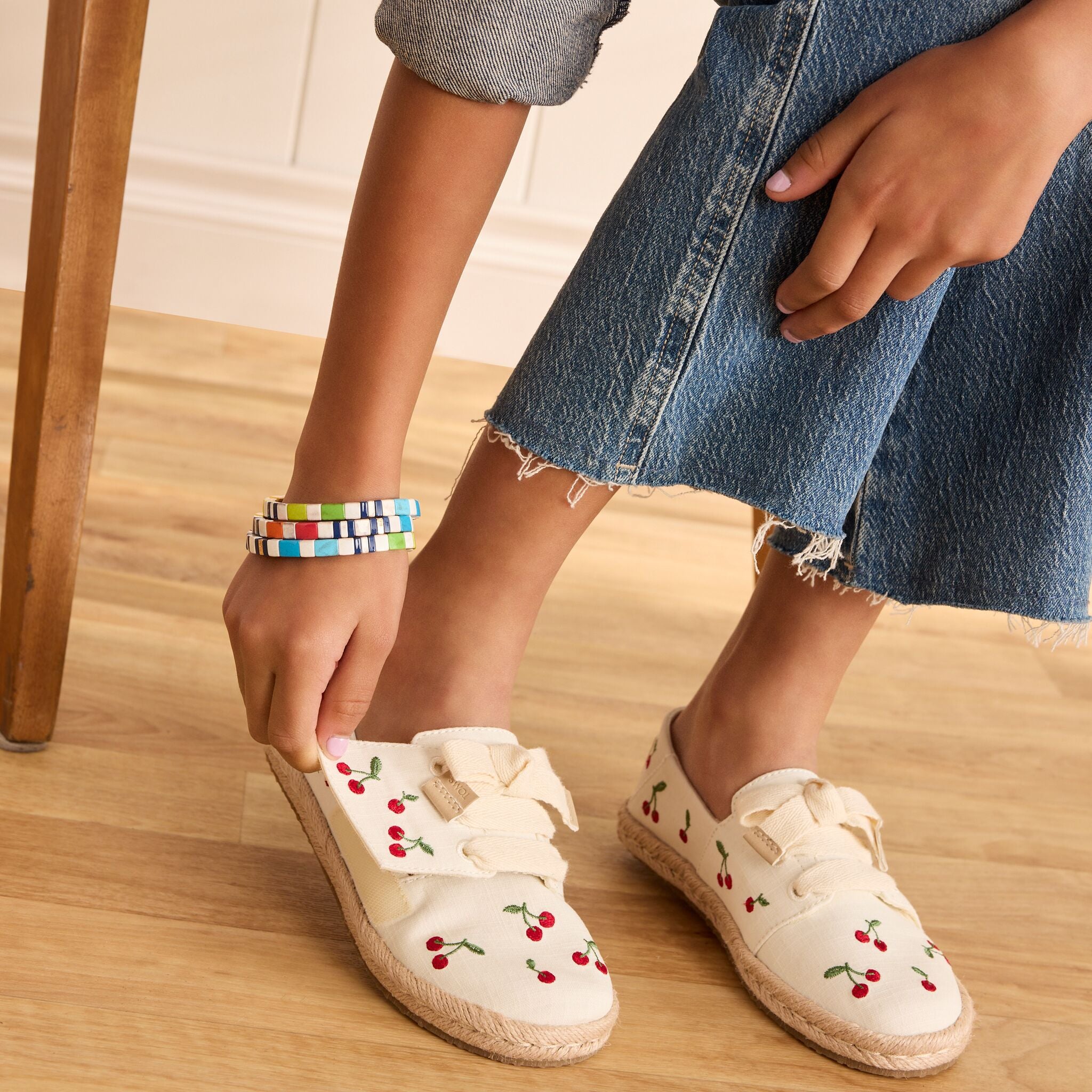 Carolina Lace-Up Kids Espadrille Embroidered Cherries - Image 3